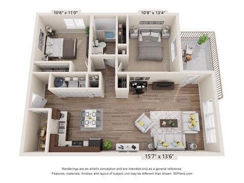 A floor plan of a two-bedroom apartment with a living room, kitchen, and bathroom.